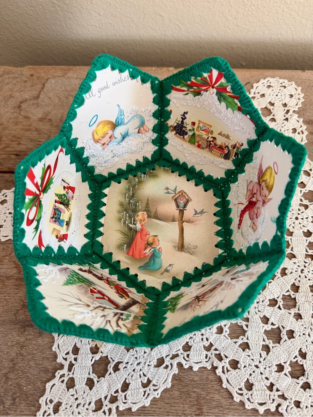 Vintage Handmade Crocheted Christmas Card Bowl
